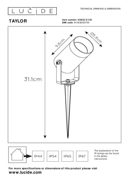 Lucide TAYLOR - Gartenstrahler - Ø 10 cm - 1xGU10 - IP65 - Schwarz - TECHNISCH